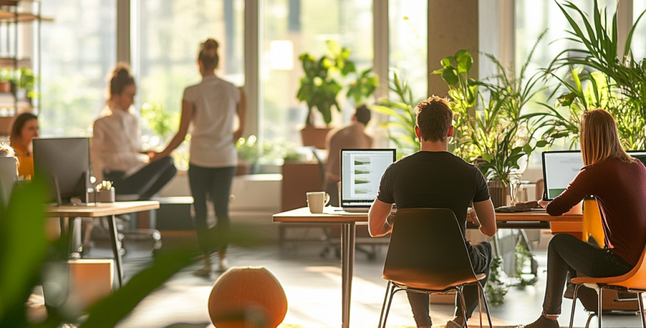 A modern corporate office with a vibrant and healthy work environment. Employees are engaged in various wellness activities--some are stretching at their desks, others are having a walking meeting, and a small group is meditating in a quiet space.
